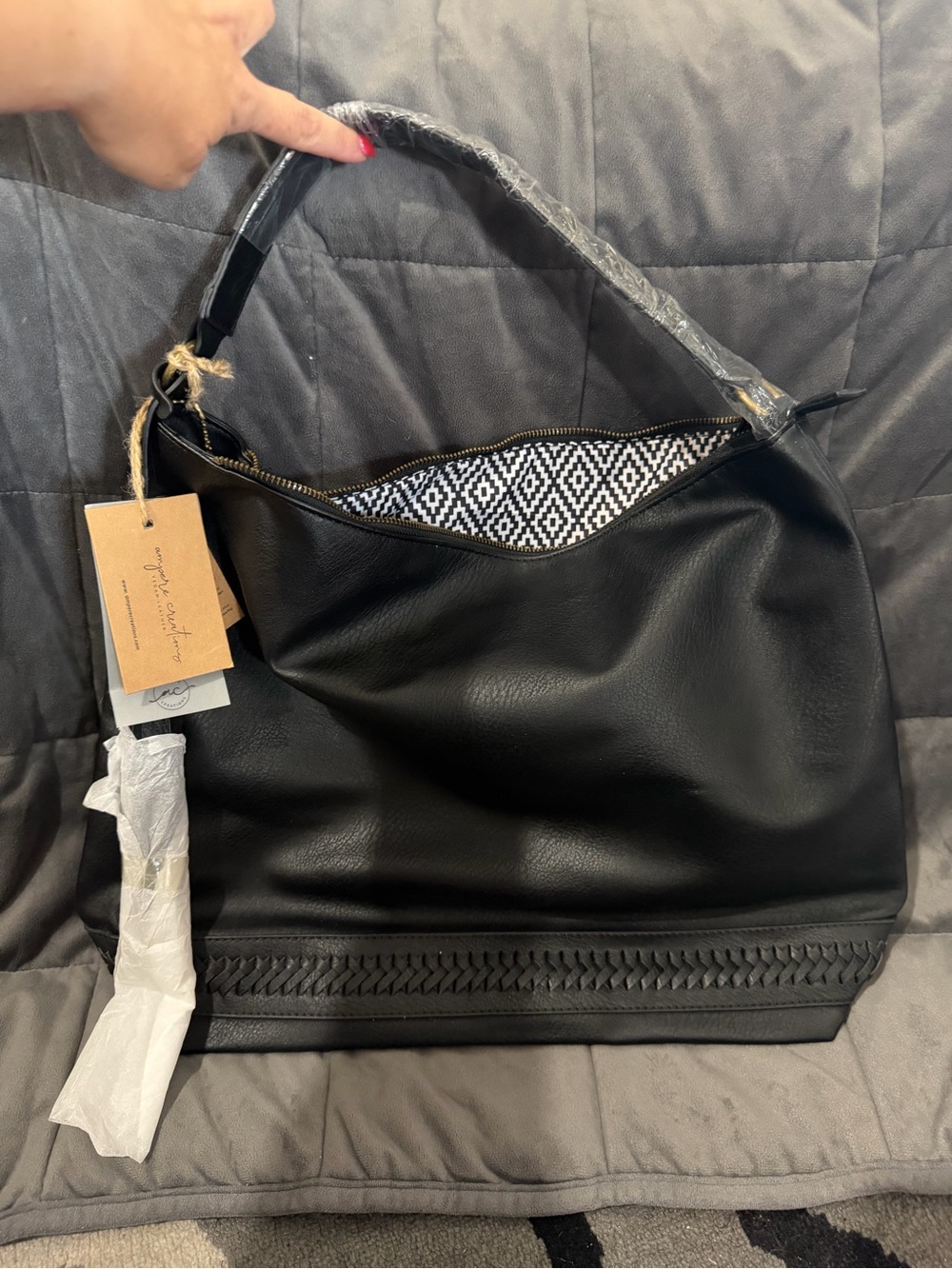 Black Women's Hobo Bag with Braided Trim